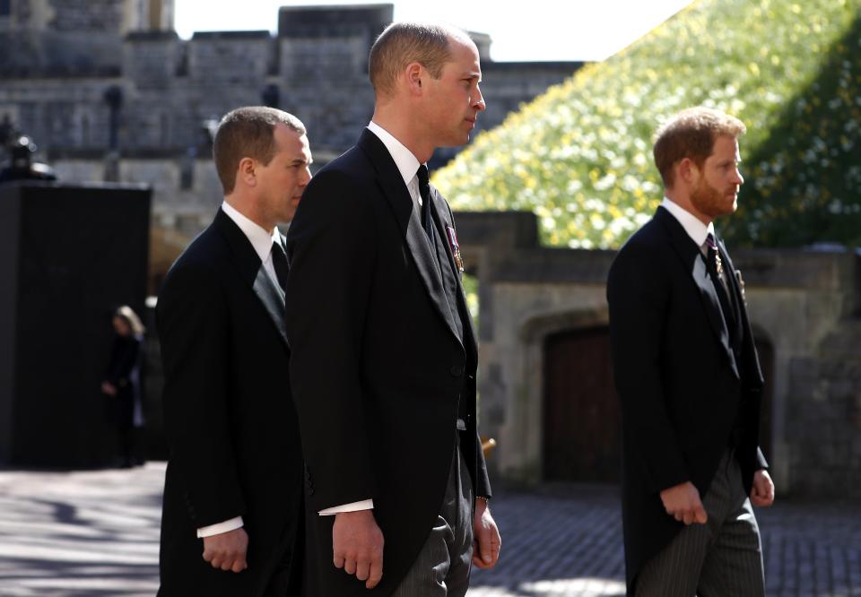 The Dukes were separated by their cousin Peter Phillips as they walked behind Prince Philips coffin and sat separately in the chapel.PA Wire