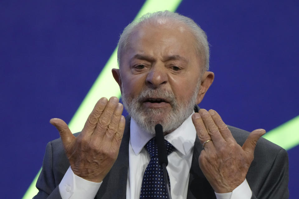 Brazil's President Luiz Inacio Lula da Silva speaks during the inauguration of a national science and technology conference, in Brasilia, Brazil, Tuesday, July 30, 2024. (AP Photo/Eraldo Peres)