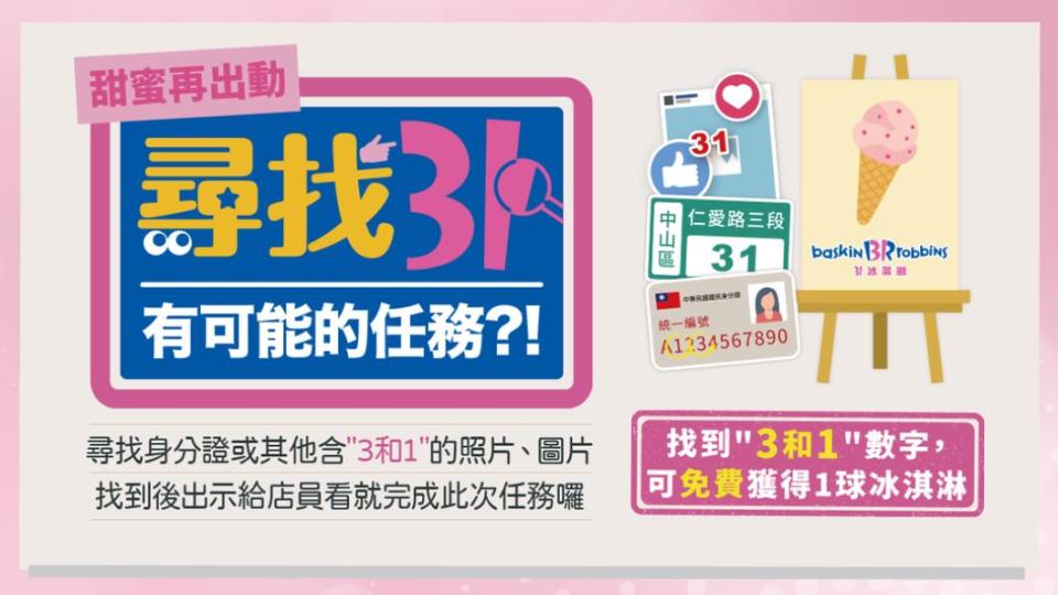 民眾只要找到身邊任何含有「3」和「1」的照片、圖片就能免費加送一球冰淇淋。（圖／翻攝31冰淇淋粉專）