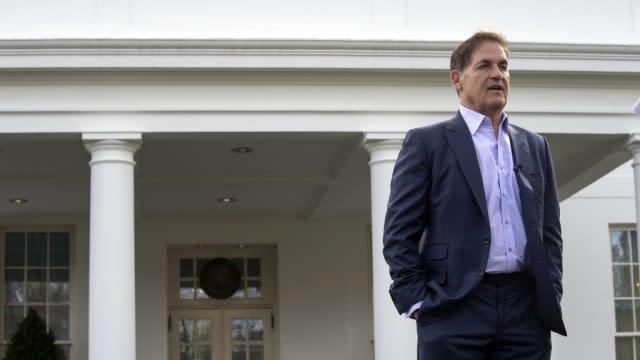Businessman Mark Cuban speaks after attending meetings at the White House.
