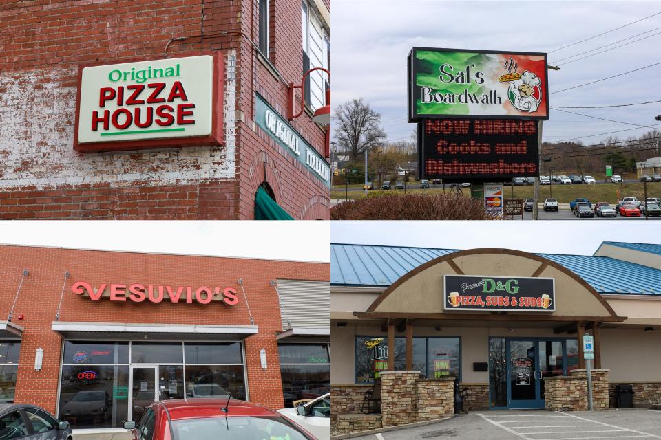 The signs for restaurants moving on to the Final Four of Beaver County's Pizza Madness bracket. From left to right, top row: Pizza House in Ambridge, Sal's Boardwalk Pizza in Chippewa Township. Bottom row: Vesuvio's Italian Restaurant in Center Township, D&G Pizza in Center Township.
