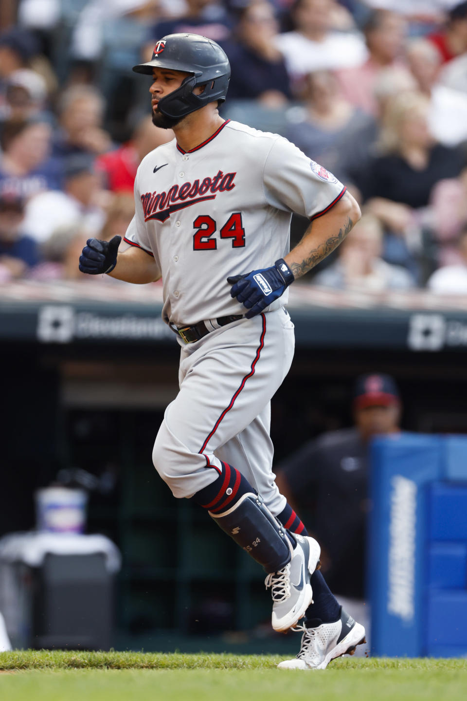 Minnesota Twins designated hitter Gary Sanchez rounds the bases after hitting a three-run home run against the Cleveland Guardians during the second inning of a baseball game Monday, June 27, 2022, in Cleveland. (AP Photo/Ron Schwane)