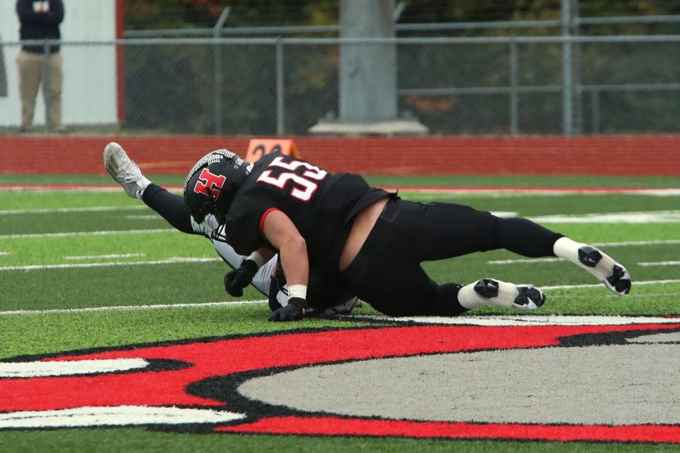 Highland senior defensive lineman Chase Pacatte takes down a Mount Vernon ballcarrier in the backfield during a Class 5A first-round playoff game on Saturday, October. 28, 2023 at Highland High School.