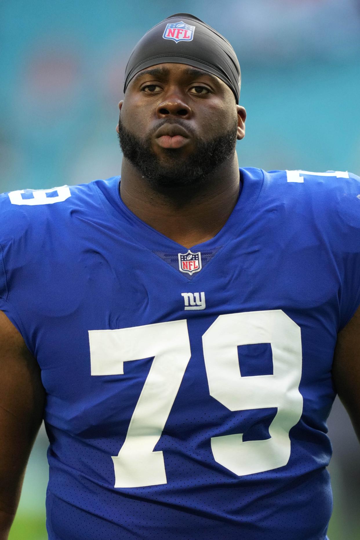 Former New York Giants offensive tackle Korey Cunningham in 2021. Mandatory Credit: Jasen Vinlove-USA TODAY Sports