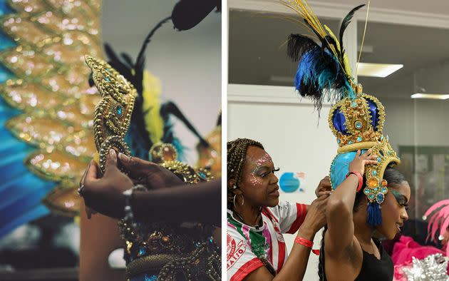 Amber Ogunsanya-William gets ready, with the help of her mother, for the Notting Hill Carnival parade. (Photo: Clara Watt for HuffPost)