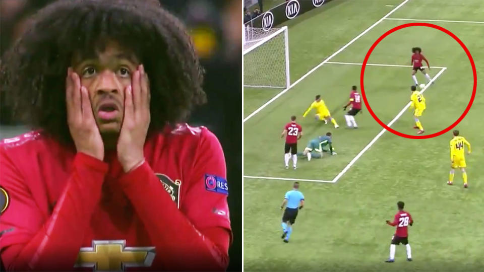 Pictured here, Tahith Chong was horrified by his open goal miss for Manchester United.