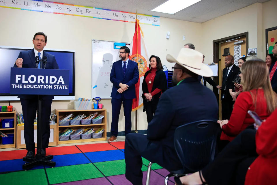 Gov. Ron DeSantis talks about education at a charter school in Jacksonville in January.