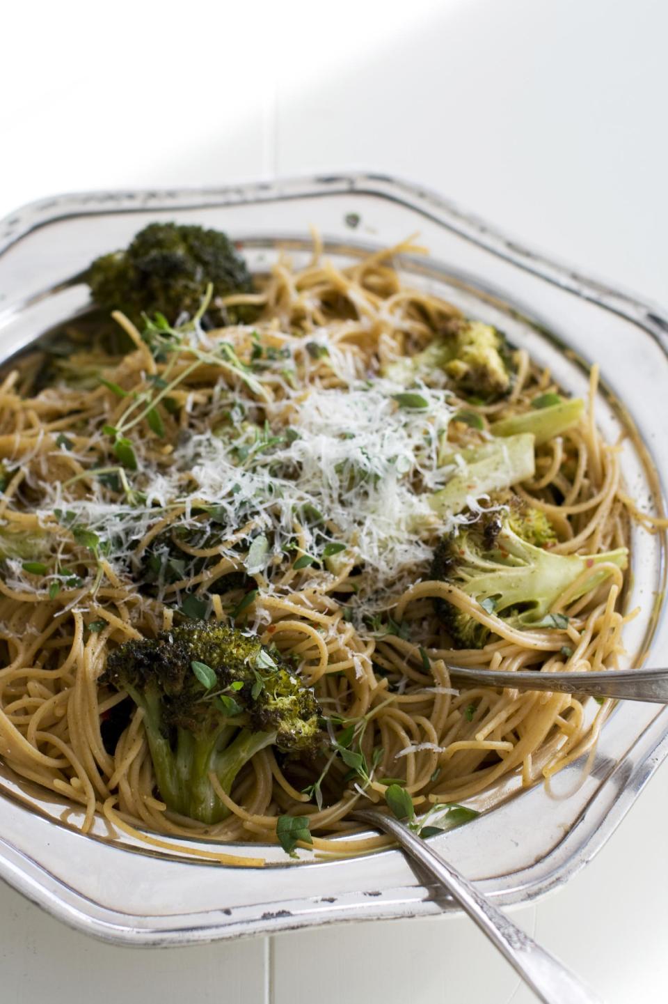 In this image taken on Dec. 3, 2012, cold weather broccoli pasta is shown in a serving dish, in Concord, N.H. (AP Photo/Matthew Mead)