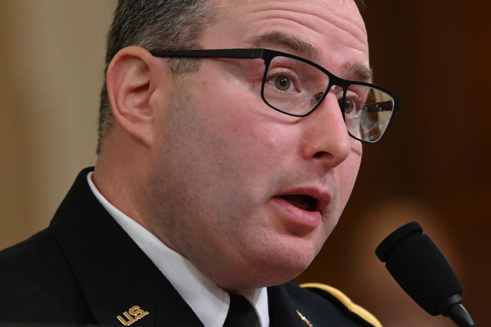 Lt. Col. Alexander Vindman testifies on Capitol Hill on Nov. 19, 2019.