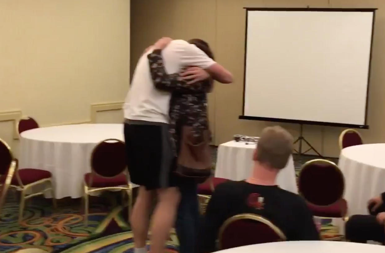 Jacksonville State center Norbertas Giga gets a surprise visit from his mother.