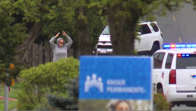 A woman suspected in a carjacking in Hazel Dell is taken into custody by Clark Couty deputies, April 13, 2024 (KOIN)