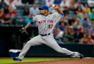 ATLANTA, GA - APRIL 17: Johan Santana #57 of the New York Mets pitches to the Atlanta Braves at Turner Field on April 17, 2012 in Atlanta, Georgia. (Photo by Kevin C. Cox/Getty Images)