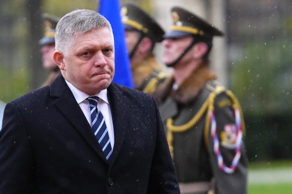 Slovakia's Prime MInister Robert Fico arrives to meet with Czech Republic's Prime Minister Petr Fiala in Prague, Czech Republic, Friday, Nov. 24, 2023. (AP Photo/Petr David Josek)