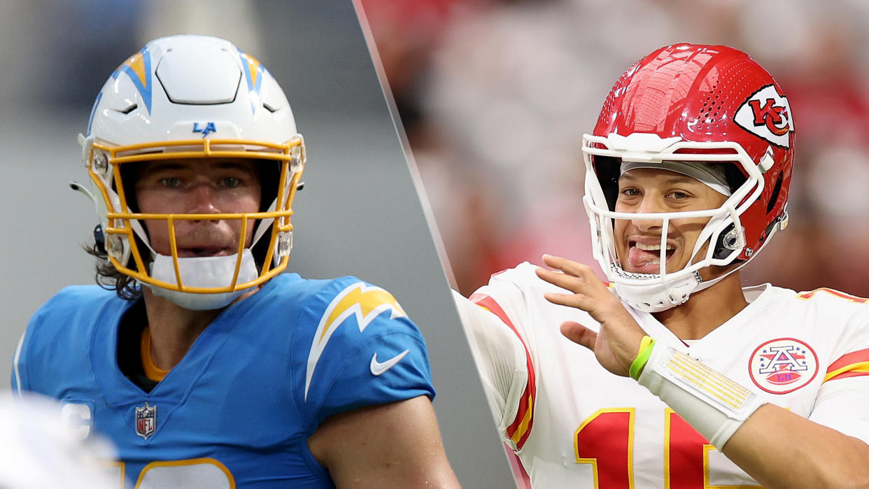  (L, R) Quarterbacks Justin Herbert and Patrick Mahomes will face off in the Chargers vs Chiefs live stream 