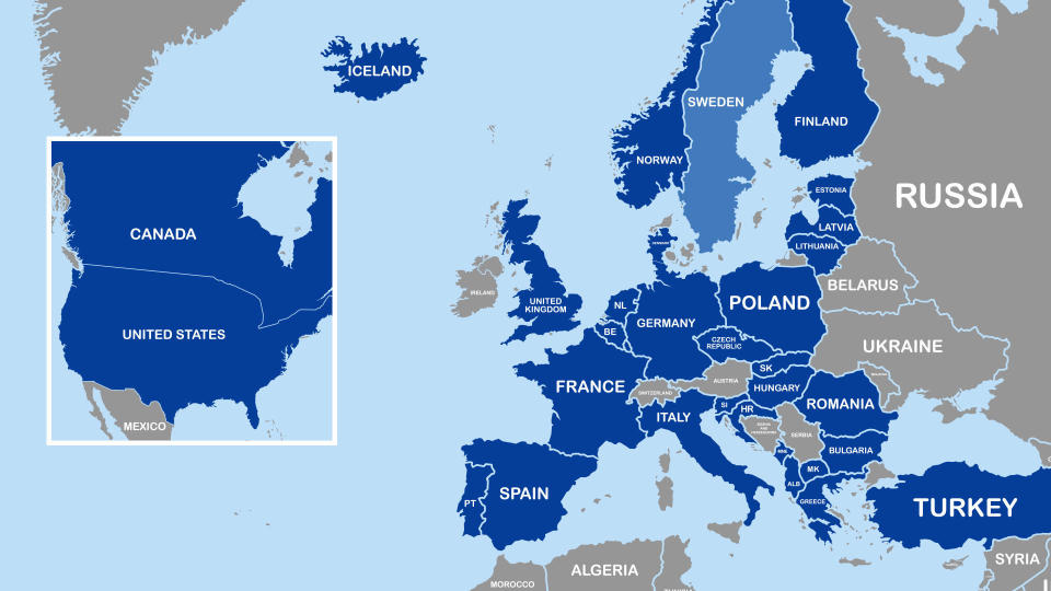 NATO has 31 member countries, highlighted in dark blue, and is expected to have Sweden, in light blue, join the alliance. / Credit: CBS News