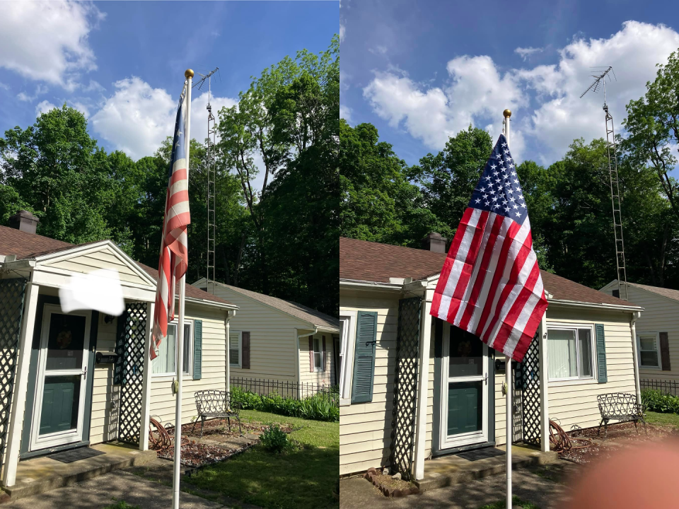 A residence's American flag before and after being replaced. Shawn Wright, a Richmond resident, has replaced 300 to 500 damaged American flags around the area over nearly 20 years.