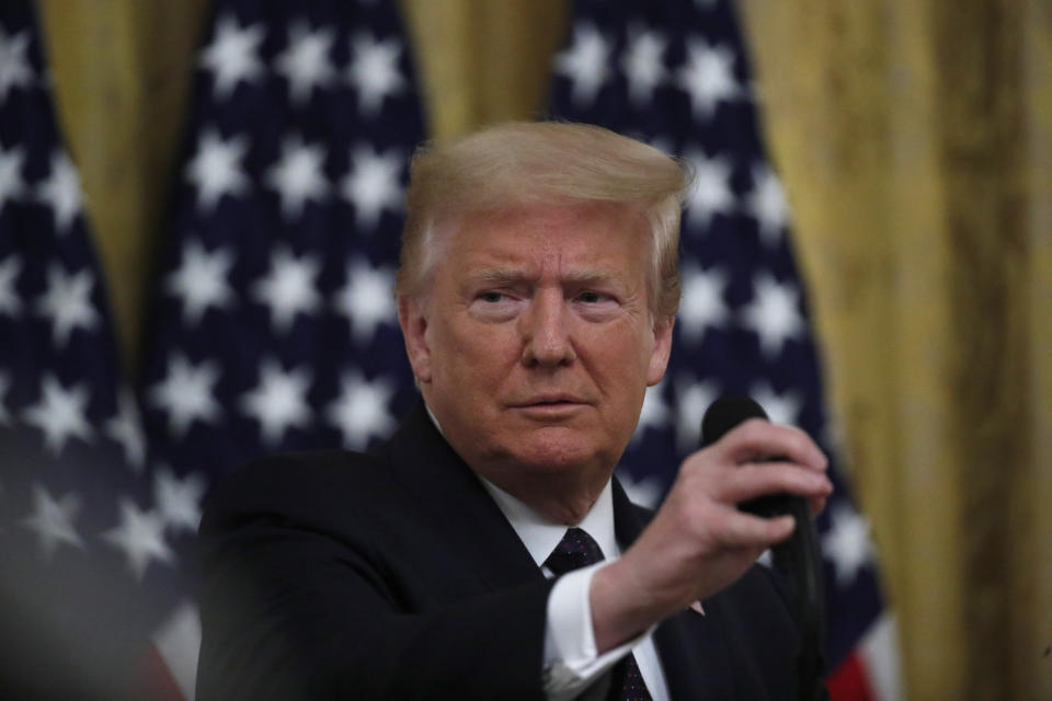 President Donald Trump arrives to speak about the PREVENTS "President's Roadmap to Empower Veterans and End a National Tragedy of Suicide," task force, in the East Room of the White House, Wednesday, June 17, 2020, in Washington. (AP Photo/Alex Brandon)