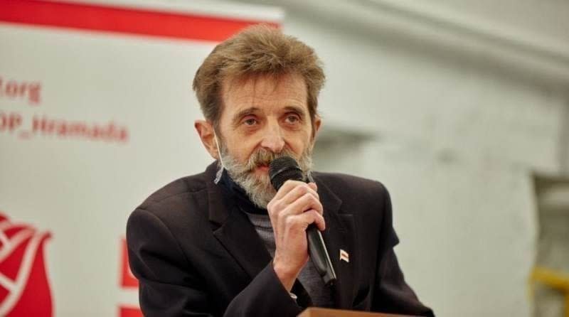 Ihar Lednik speaks at a Belarusian Social Democratic Party (Hramada) event. (Courtesy)