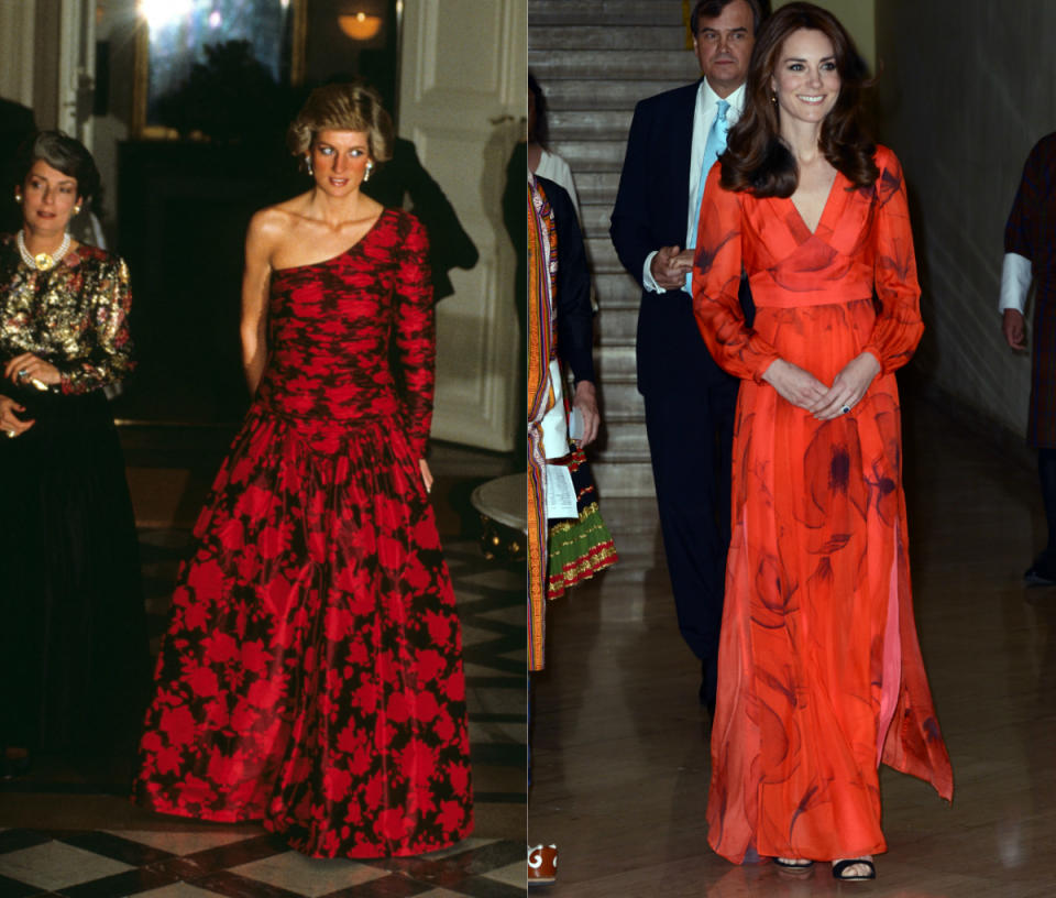 <p>Both ladies have also donned bright red ball gowns, with Diana doing so in 1988 and Kate wearing a similar ball gown whilst on tour in Bhutan. [Photo: PA/ Getty] </p>