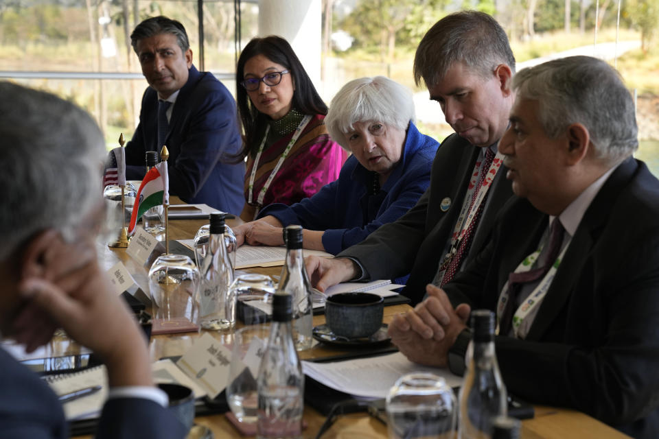FILE - U.S. Treasury Secretary Janet Yellen, third right, listens to Sandip Patel of IBM, right, during a meeting with Indian and U.S. technology business leaders on the sidelines of G-20 financial conclave on the outskirts of Bengaluru, India, Saturday, Feb. 25, 2023. (AP Photo/Aijaz Rahi, File)