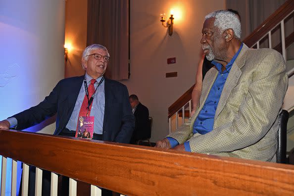 SPRINGFIELD, MA - SEPTEMBER 6: David Stern, and Bill Russell talk to each other during the 2019 Basketball Hall of Fame Enshrinement Ceremony on September 6, 2019 at Symphony Hall in Springfield, Massachusetts. NOTE TO USER: User expressly acknowledges and agrees that, by downloading and/or using this photograph, user is consenting to the terms and conditions of the Getty Images License Agreement. Mandatory Copyright Notice: Copyright 2019 NBAE (Photo by Andrew D. Bernstein/NBAE via Getty Images)