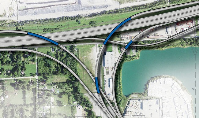 An illustration of the new I-69 and I-465 interchange, which will veer west from State Road 37 and create a non-stop connection through two flyover ramps.