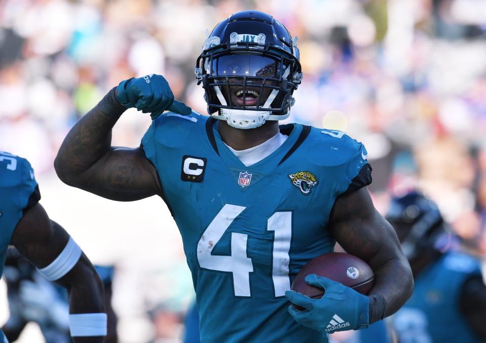 Jacksonville Jacksonville Jaguars linebacker Josh Allen (41) celebrates after he intercepted an errant pass from Buffalo Bills quarterback Josh Allen (17) during late third quarter action. The Jaguars were tied with the Bills 6 to 6 at the end of the first half and went on to win the game with a final score of 9 to 6. The Jacksonville Jaguars hosted the Buffalo Bills at TIAA Bank Field in Jacksonville, FL, Sunday, November 7, 2021. [Bob Self/Florida Times-Union]