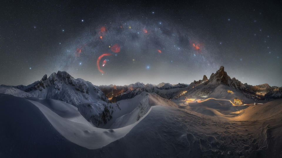 Milky way arc photographed above Passo Giau, Italy