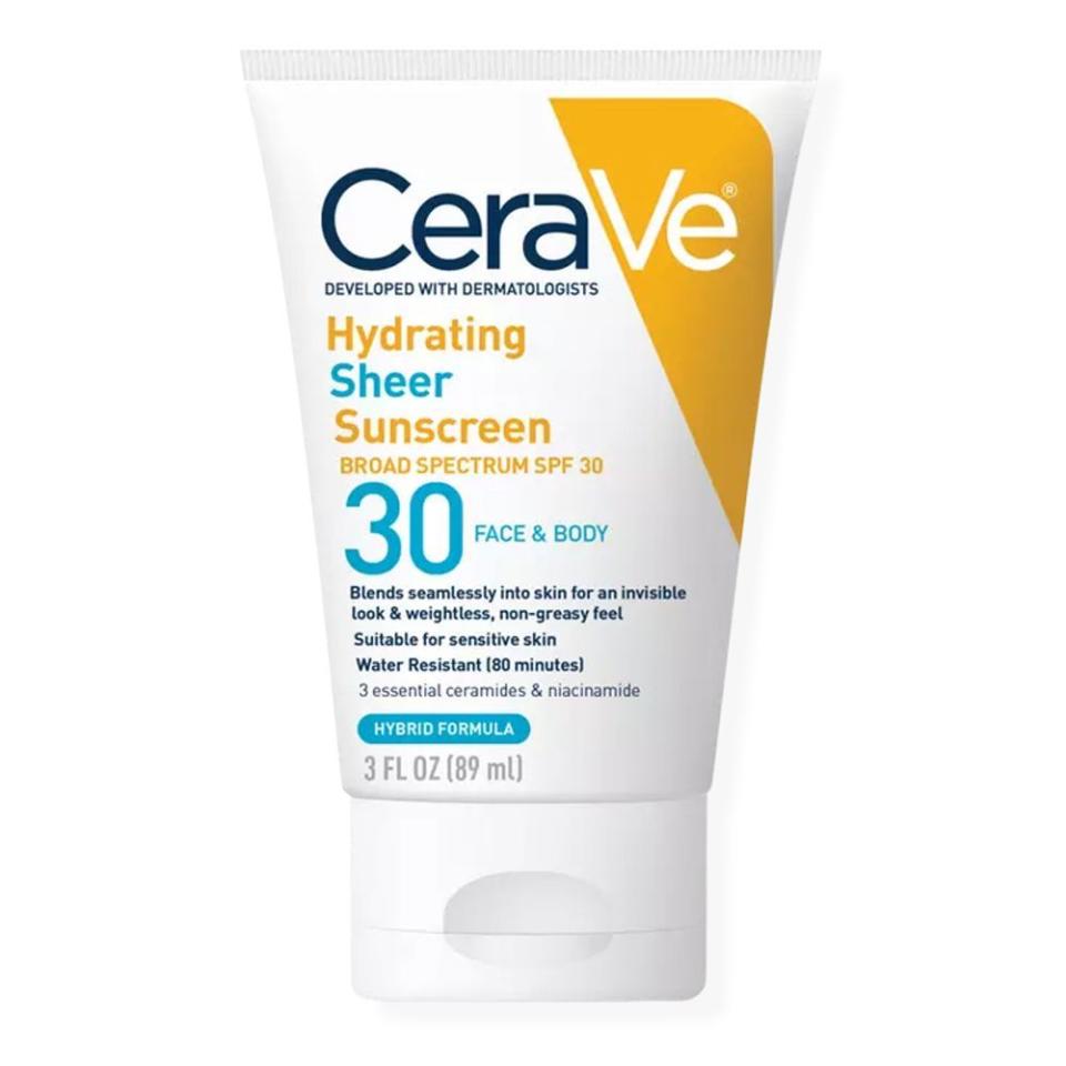 <p><a href="https://go.redirectingat.com?id=74968X1596630&url=https%3A%2F%2Fwww.ulta.com%2Fp%2Fhydrating-sheer-sunscreen-broad-spectrum-spf-30-face-body-pimprod2036753&sref=https%3A%2F%2F" rel="nofollow noopener" target="_blank" data-ylk="slk:Shop Now;elm:context_link;itc:0;sec:content-canvas" class="link ">Shop Now</a></p><p>Hydrating transparent Sunscreen Broad Spectrum SPF 30 for Face & Body</p><p>ulta.com</p><p>$17.99</p><span class="copyright">CeraVe</span>