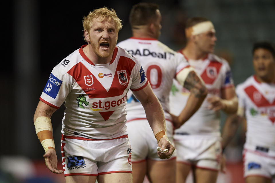WOLLONGONG, AUSTRALIA - MARCH 15: James Graham of the Dragons reacts during the round 1 NRL match between the St George Illawarra Dragons and the Wests Tigers at WIN Stadium on March 15, 2020 in Wollongong, Australia. (Photo by Brett Hemmings/Getty Images)