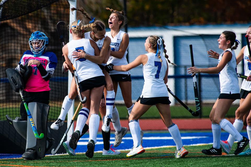 Rondout celebrates a goal during the girls Class C regional field hockey game in Accord, NY on Sunday, November 5, 2023. Rondout lost to Hoosick Falls in overtime 2-1. KELLY MARSH/FOR THE TIMES HERALD-RECORD