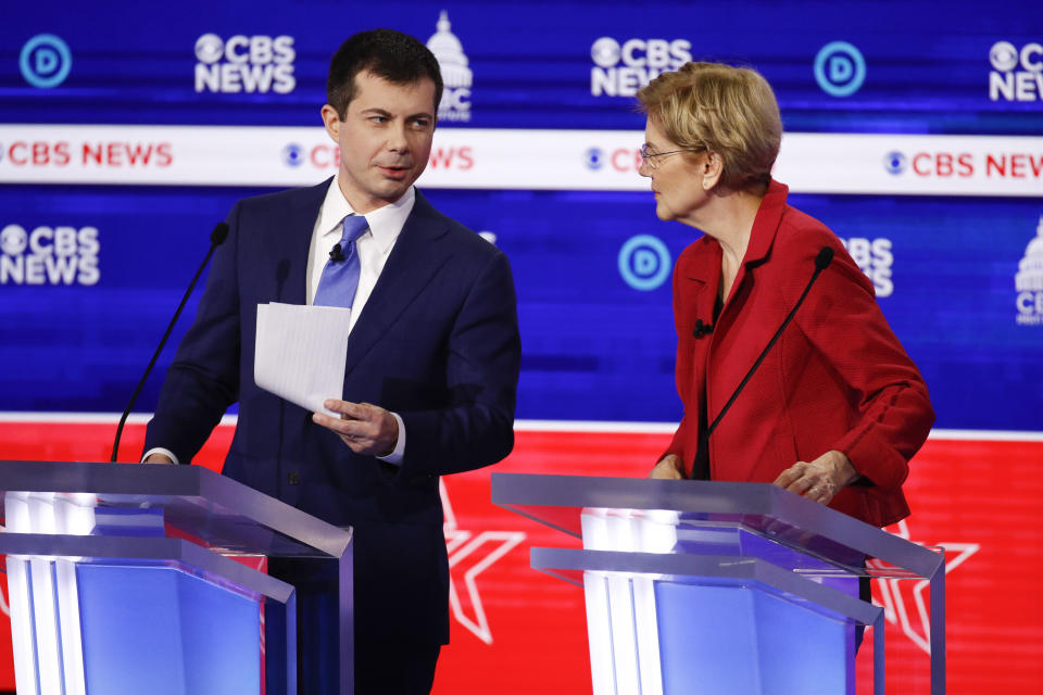 Democratic presidential candidates,former South Bend Mayor Pete Buttigieg, left, and Sen. Elizabeth Warren, D-Mass., right, prepare to leave the stage after participating in a Democratic presidential primary debate at the Gaillard Center, Tuesday, Feb. 25, 2020, in Charleston, S.C., co-hosted by CBS News and the Congressional Black Caucus Institute. (AP Photo/Patrick Semansky)