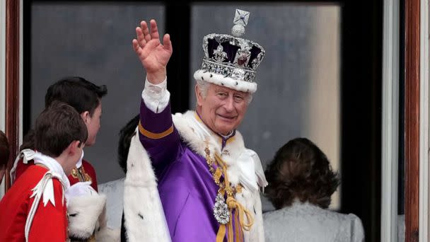 PHOTO: King Charles III waves from The Buckingham Palace balcony during the Coronation of King Charles III and Queen Camilla, May 06, 2023 in London. (Christopher Furlong/Getty Images)