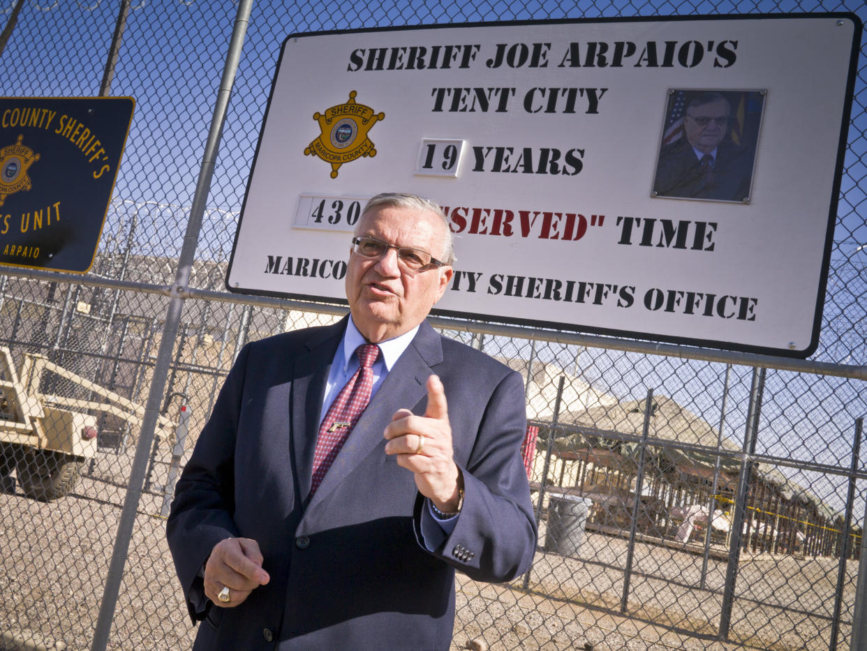 Maricopa County Sheriff Joe Arpaio talks about the new sign he unveiled at ''Tent City'' in the Maricopa County Jail system.  (Photo: Jack Kurtz/ZUMA Wire)