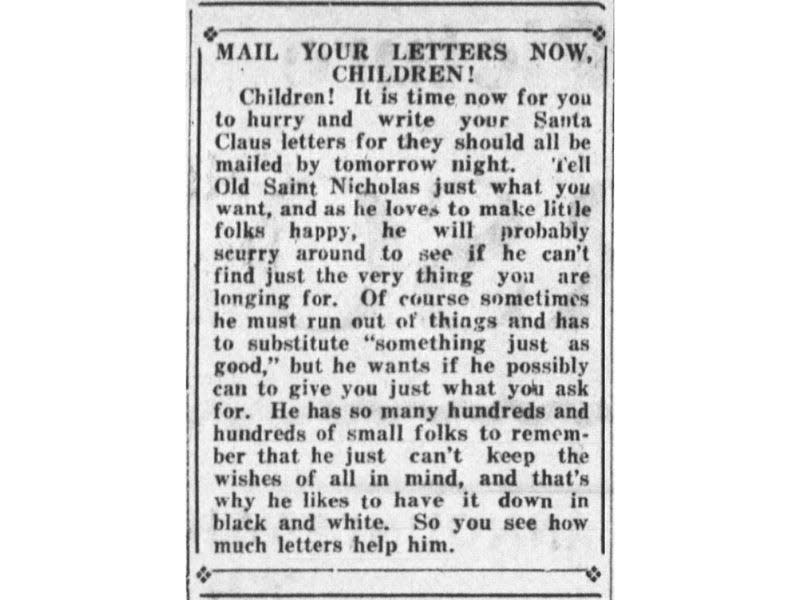 A request for letters to Santa printed in The St. Augustine Evening Record on Dec. 19, 1922.