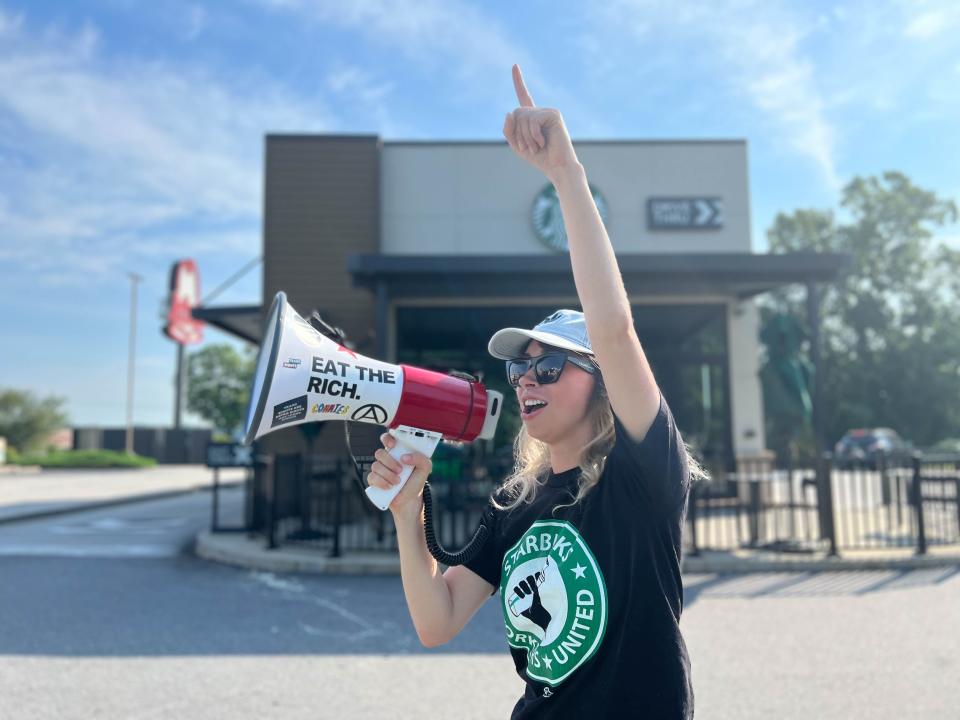 A Starbucks employee participates in a two-day strike outside the Anderson, S.C., store on June 11-12, 2022, joining a wave of stores in the coffee chain unionizing or fighting for unionization in recent months. Workers at the 88 E. Broad St. Starbucks in Columbus won their union election last month in an 8-4 vote, a victory for the Starbucks Workers United movement and a first for a Starbucks location in Ohio.