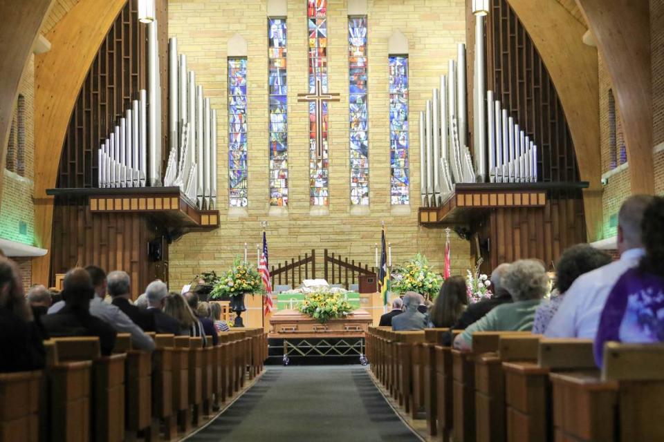 Former Belleville Mayor Mark Eckert’s casket is shown in the sanctuary of St. Paul United Church of Christ shortly before his funeral service began on Monday. He died last week.