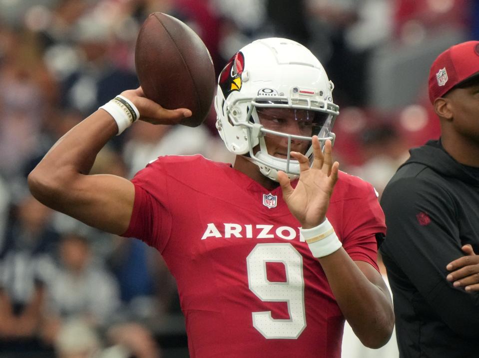 Arizona Cardinals rquarterback Joshua Dobbs (9) warms up before their game against the Dallas Cowboys at State Farm Stadium in Glendale on Set. 24, 2023.