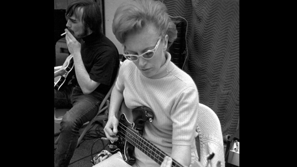 Carol Kaye plays bass guitar in a Los Angeles recording studio in the mid 1960's