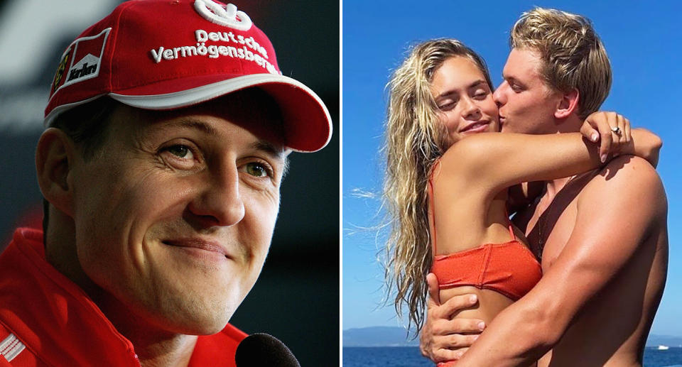 Pictured left Michael Schumacher and right his son Mick with girlfriend Laila Hasanovic