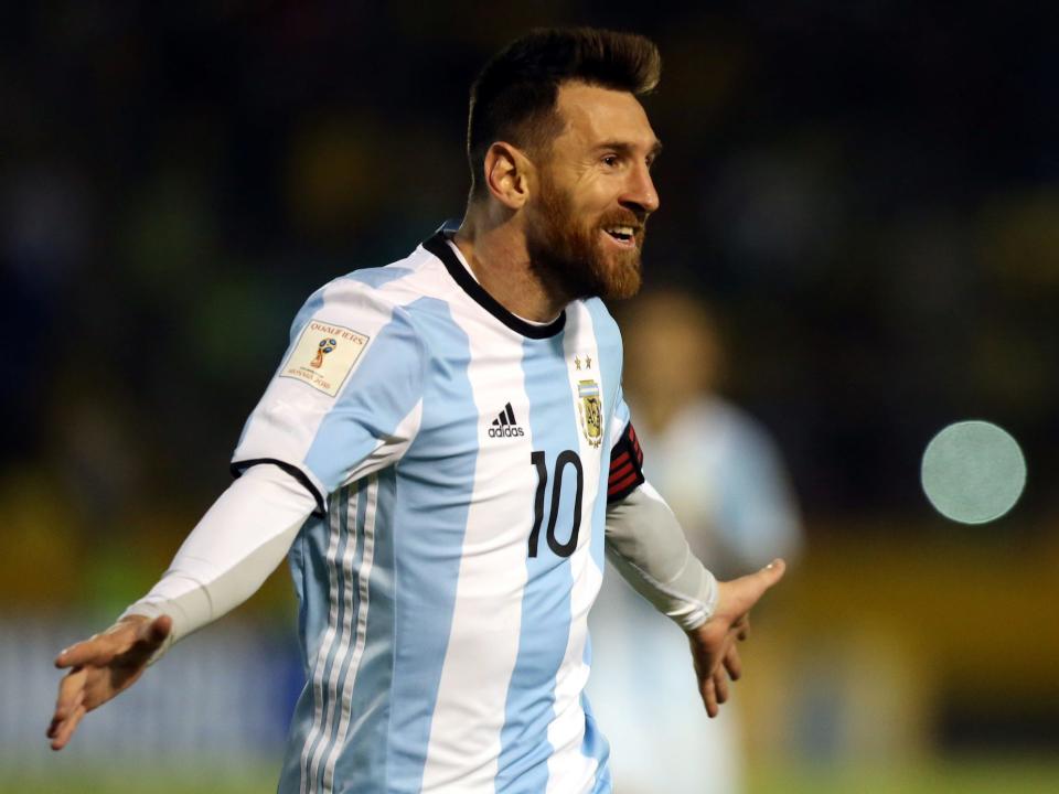 Messi celebrates a hat trick against Ecuador in 2017.