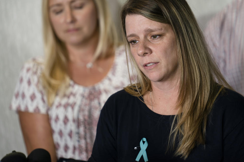 Nichole Schmidt, mother of Gabby Petito, whose death on a cross-country trip has sparked a manhunt for her boyfriend Brian Laundrie, speaks during a news conference, Tuesday, Sept. 28, 2021, in Bohemia, N.Y. (AP Photo/John Minchillo)