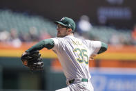 Oakland Athletics pitcher Joe Boyle throws during the fourth inning of a baseball game against the Detroit Tigers, Sunday, April 7, 2024, in Detroit. (AP Photo/Carlos Osorio)