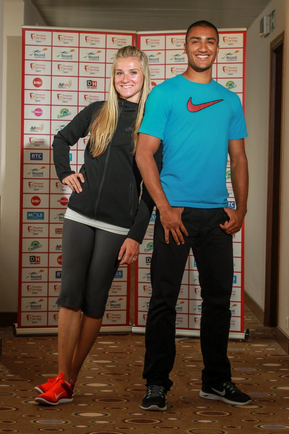 <p>Reigning Olympic Heptathlon champion Ashton Eaton pictured with his wife Brianne Theisen-Eaton at the press conference of the athletics meeting of Liege. They both will participate. (Photo by William Van Hecke/Corbis via Getty Images) </p>