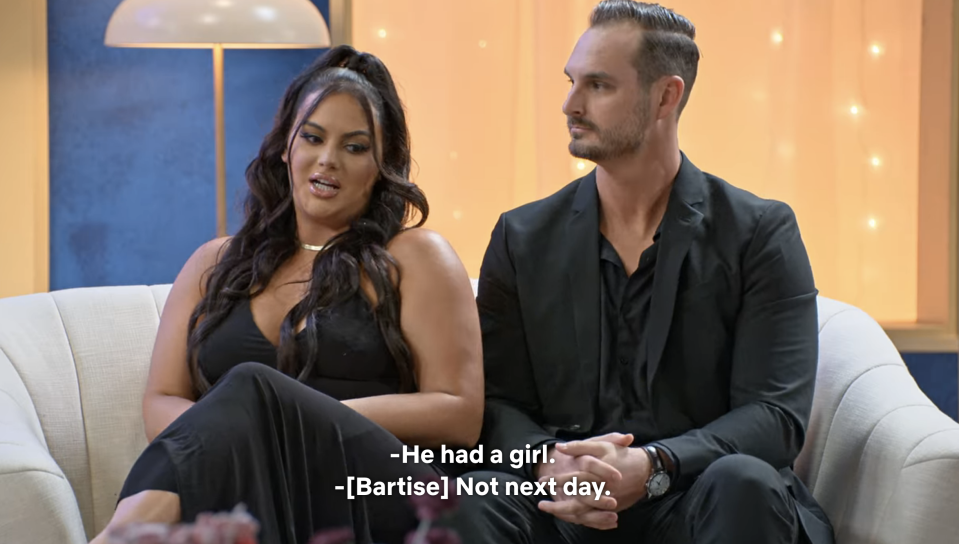 Alexa and Brennon sitting together with caption "He had a girl" and "[Bartise] Not next day"