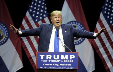 U.S. Republican presidential candidate Donald Trump speaks during a campaign rally at the downtown Midland Theater in Kansas City, Missouri, March 12, 2016. REUTERS/Dave Kaup