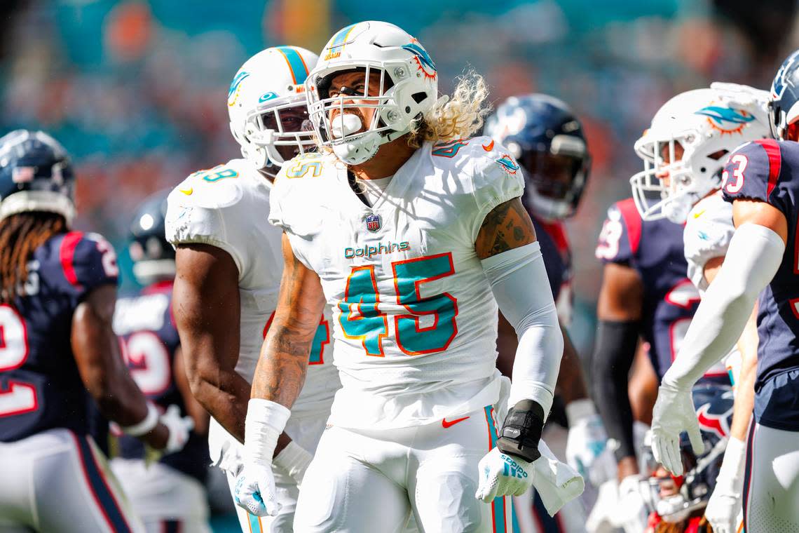 Miami Dolphins linebacker Duke Riley (45) reacts after a defensive play during first quarter of an NFL football game against the Houston Texans at Hard Rock Stadium on Sunday, November 27, 2022 in Miami Gardens, Florida.