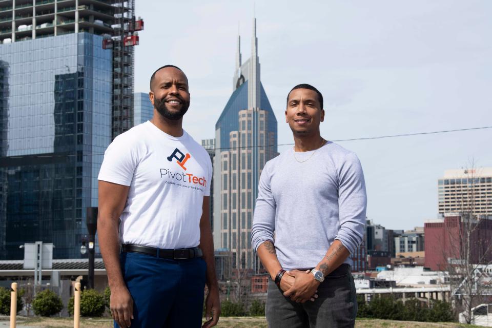 Co-founders of Pivot Tech Josh Mundy and Quawn Clark pose for a portrait in Nashville, Tenn. on Friday, March 5, 2021. The two teamed up to offer Black and minority communities a chance to learn analytics, coding and other skills through their school.