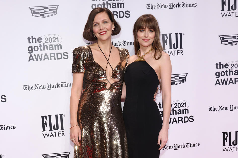 NEW YORK, NEW YORK - NOVEMBER 29: Maggie Gyllenhaal and Dakota Johnson attend the 2021 Gotham Awards at Cipriani Wall Street on November 29, 2021 in New York City. (Photo by Taylor Hill/FilmMagic)