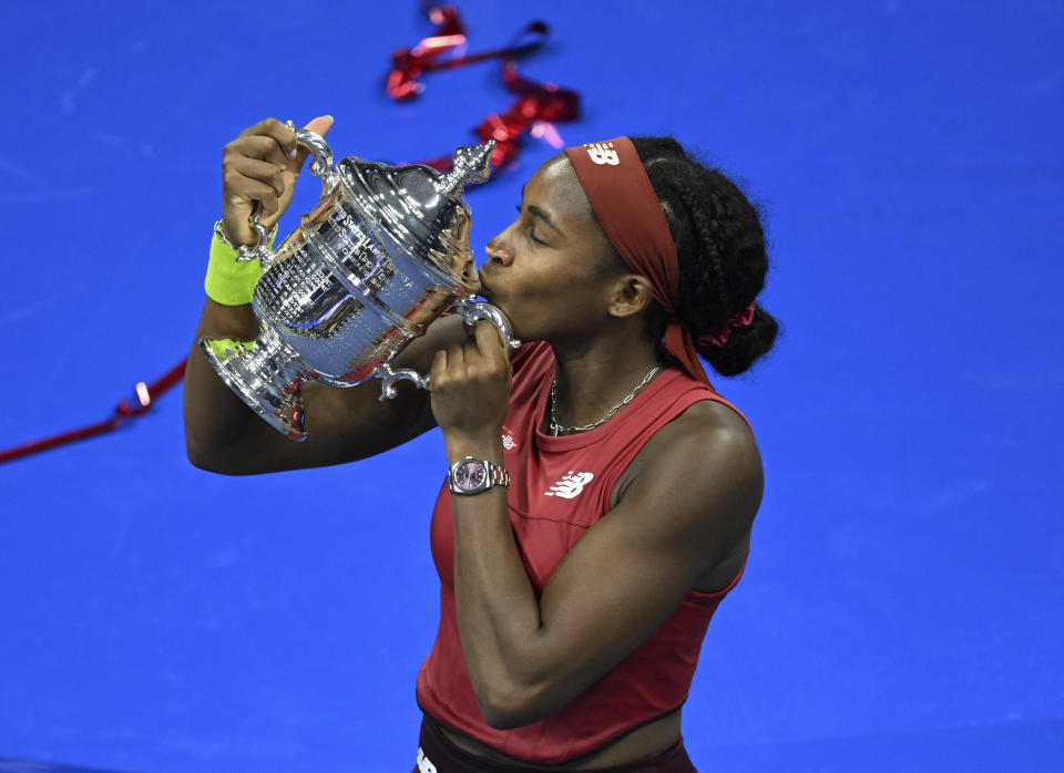 FLUSHING NY- SEPTEMBER 09: **NO NY NEWSPAPERS** Coco Gauff poses with the championship trophy after defeating Aryna Sabalenka during the women's final at the 2023 US Open Tennis on Arthur Ashe Stadium at the USTA Billie Jean King National Tennis Center on September 9, 2023 in Flushing Queens. Credit: mpi04/MediaPunch /IPX